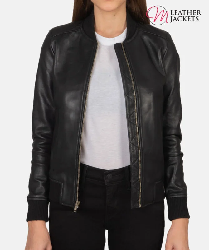 Women's+Bliss+Black+Leather+Bomber+Jacket+Open+Front-4-1659378666323 Women's+Bliss+Black+Leather+Bomber+Jacket+Open+Front-4-1659378666323