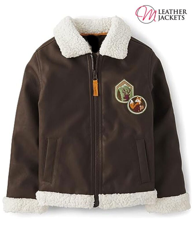 Embroidered Brown Faux Leather Jacket for Kids