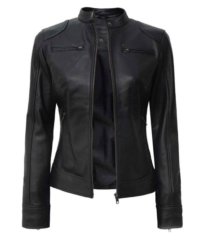 Dodge Women’s Black Lambskin Leather Moto Jacket