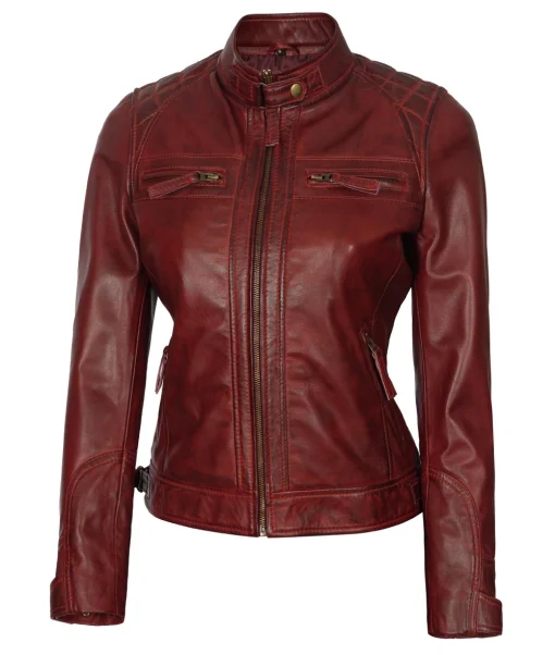 Four Pockets Maroon Biker Leather Jacket