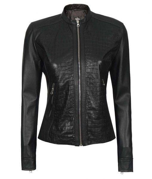 Crocodile Textured Biker Leather Jacket