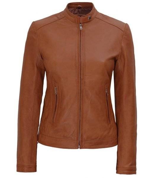 Women’s Fitted Biker Tan Leather Jacket