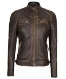 Women’s Quilted Moto Rub Off Brown Leather Jacket