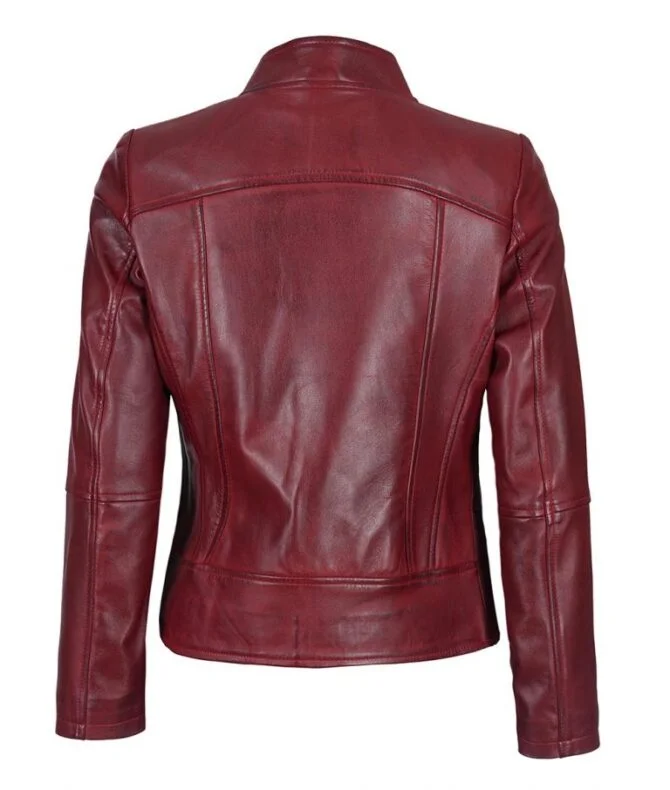 Women’s Slim Fit Maroon Leather Jacket Slim Fit Women's Distressed Maroon Leather Jacket