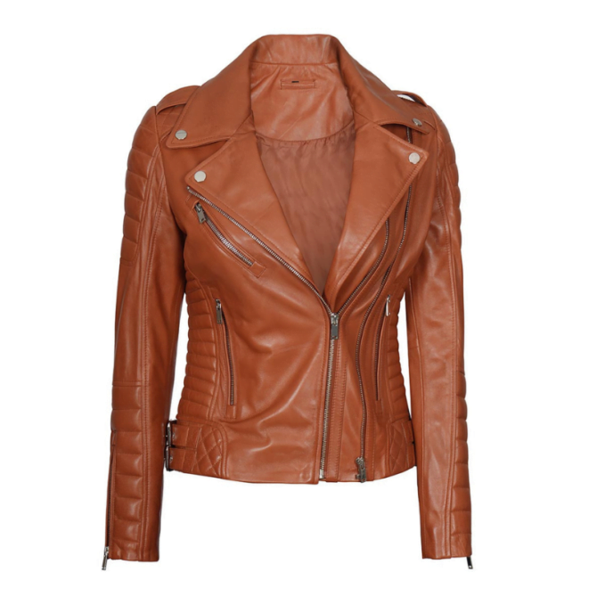 Women’s Tan Asymmetrical Moto Leather Jacket