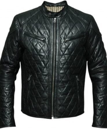 Bestzo Quilted Black Leather Jacket for Men