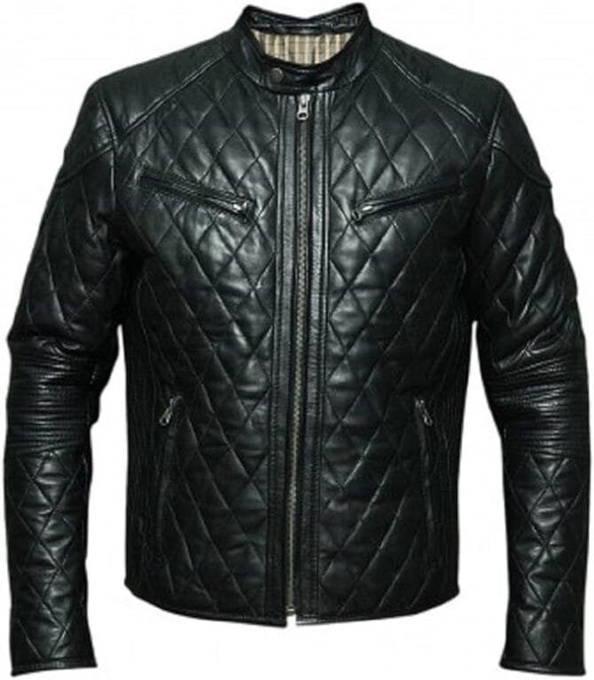 Bestzo Quilted Black Leather Jacket for Men