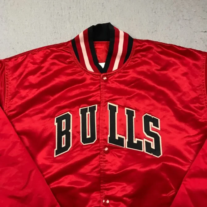 NBA 90s Chicago Buls Premium Red Starter Satin Bomber Jacket mleatherjackets NBA 90s Chicago Buls Premium Red Starter Satin Bomber Jacket