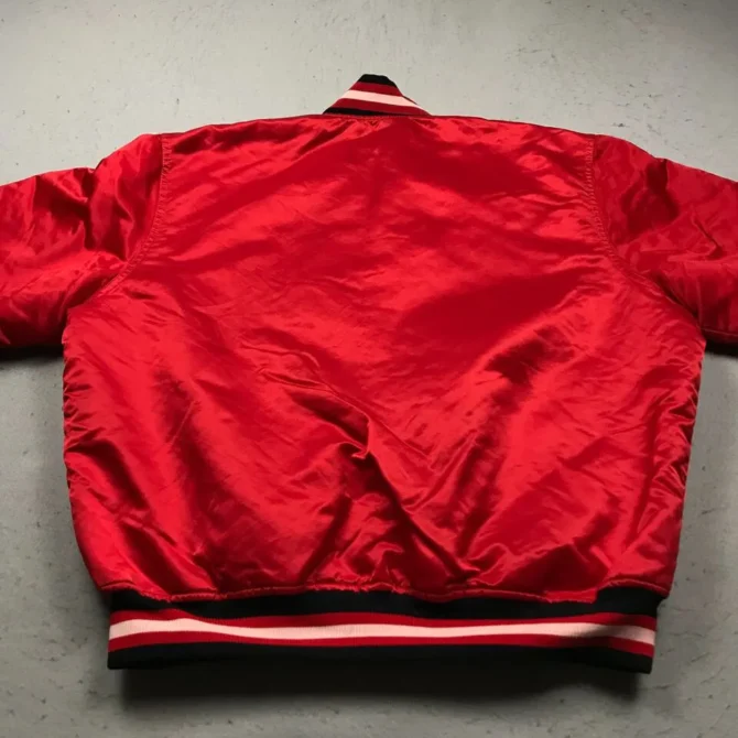 NBA 90s Chicago Buls Premium Red Starter Satin Bomber Jacket mleatherjackets NBA 90s Chicago Buls Premium Red Starter Satin Bomber Jacket