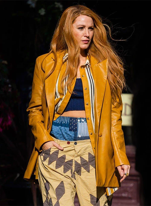 Blakee Lively Quilted yellow Leather Trench Coat - It Ends With us mleatherjackets Blakee Lively Quilted yellow Leather Trench Coat - It Ends With us
