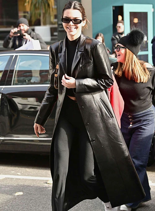 Kendall Jener black Leather Long Coat mleatherjackets Kendall Jener black Leather Long Coat