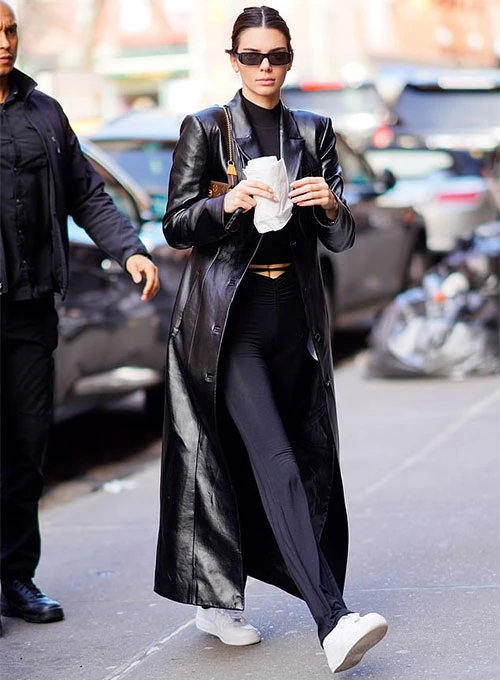Kendall Jener black Leather Long Coat mleatherjackets Kendall Jener black Leather Long Coat