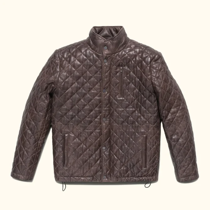 Highland Brown Quilted Leather Jacket with Standup Collar